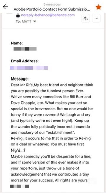 A long email that contains what is probably a racist joke that he's offering to give me for free.