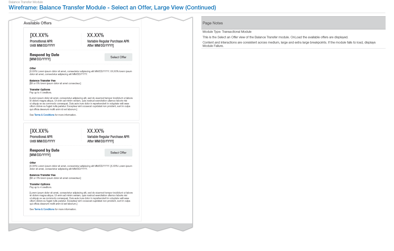 Annotated wireframe for a credit card balance transfer process.