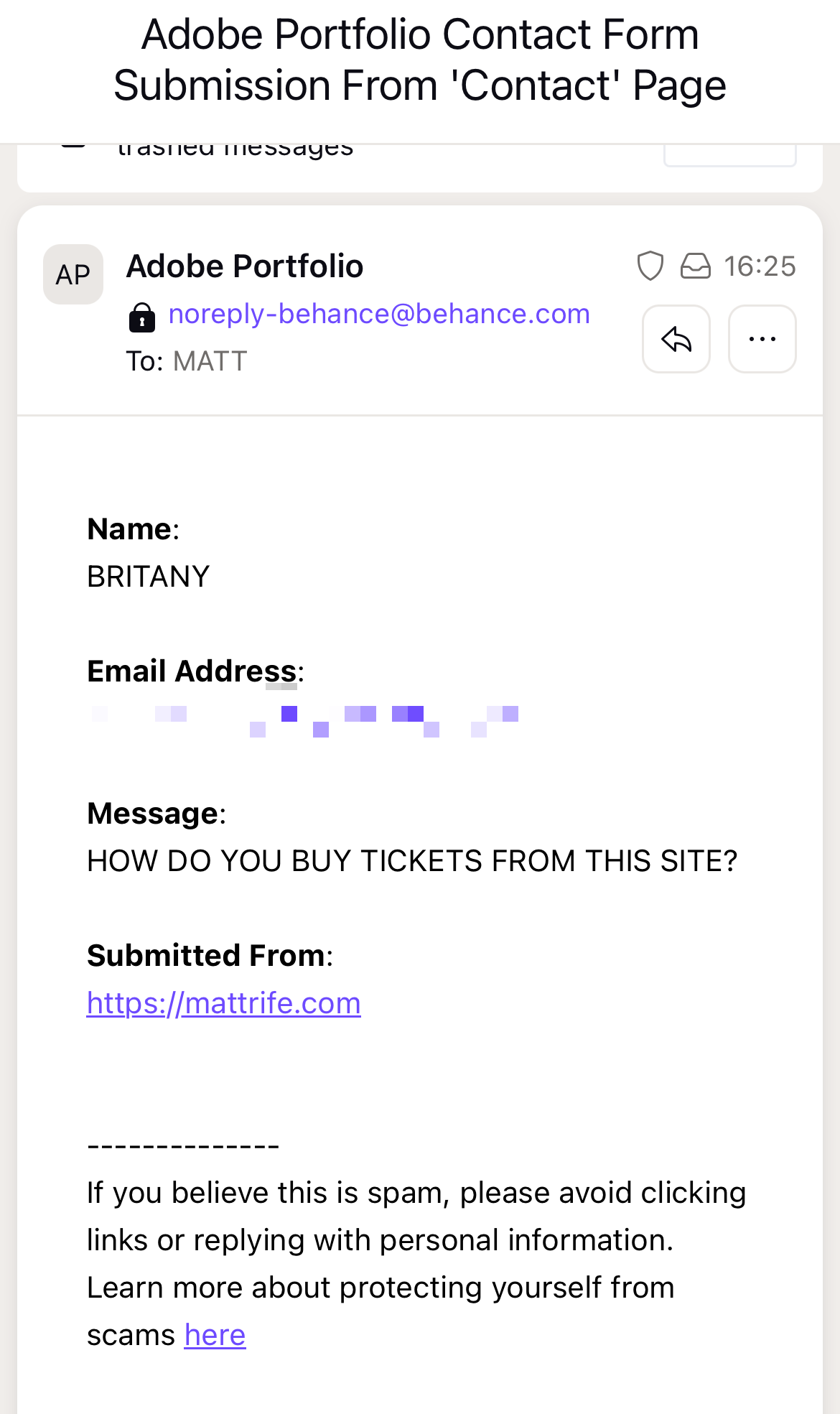 Email from someone who is confused as to why they cannot buy tickets from my website.