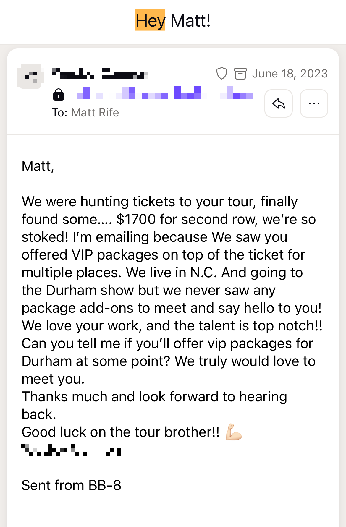 Email from a happy fan in North Carolina who paid $1700 for tickets.