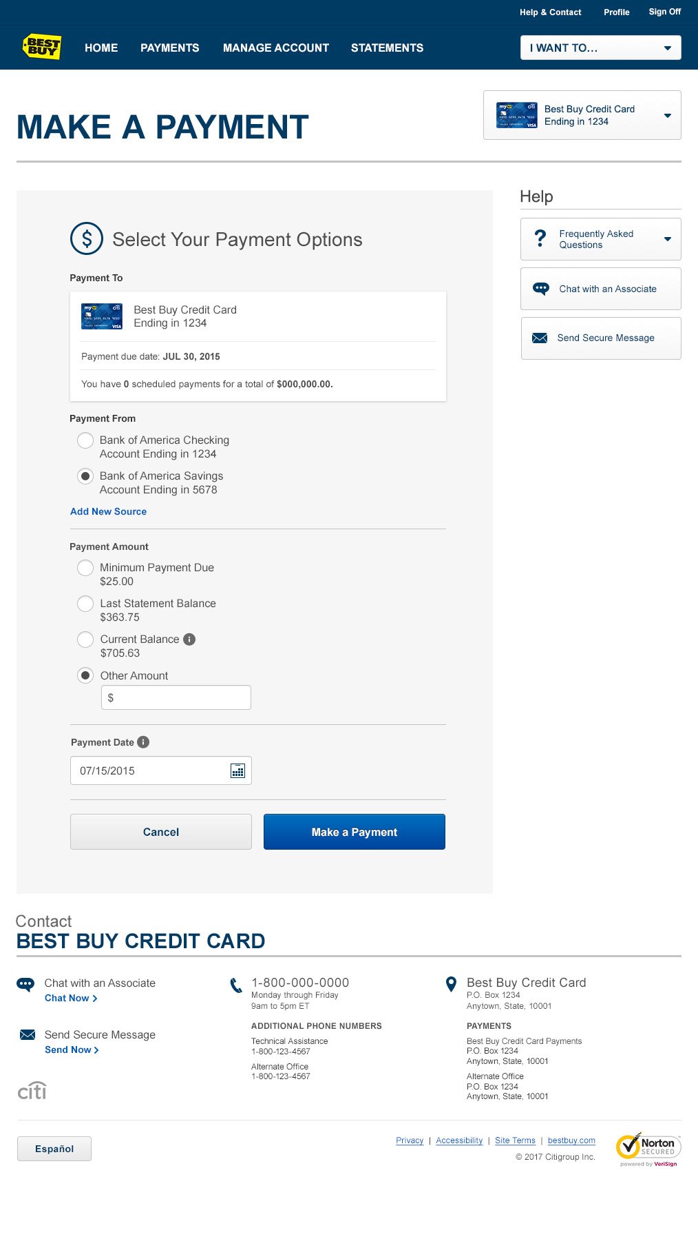 Credit card payment page for Best Buy.