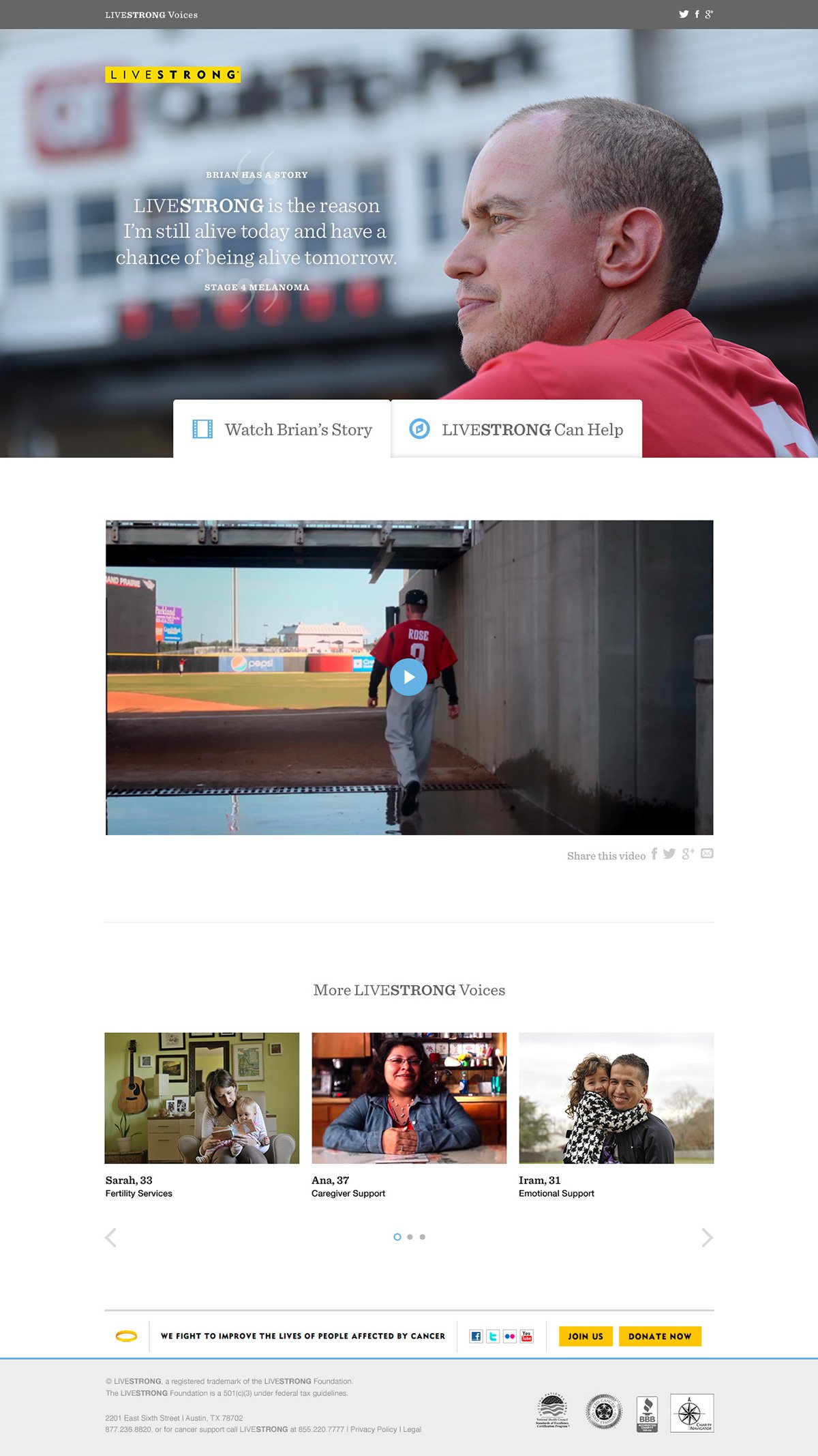 Desktop view of a webpage for LiveStrong stories, a feature launched in November 2013.