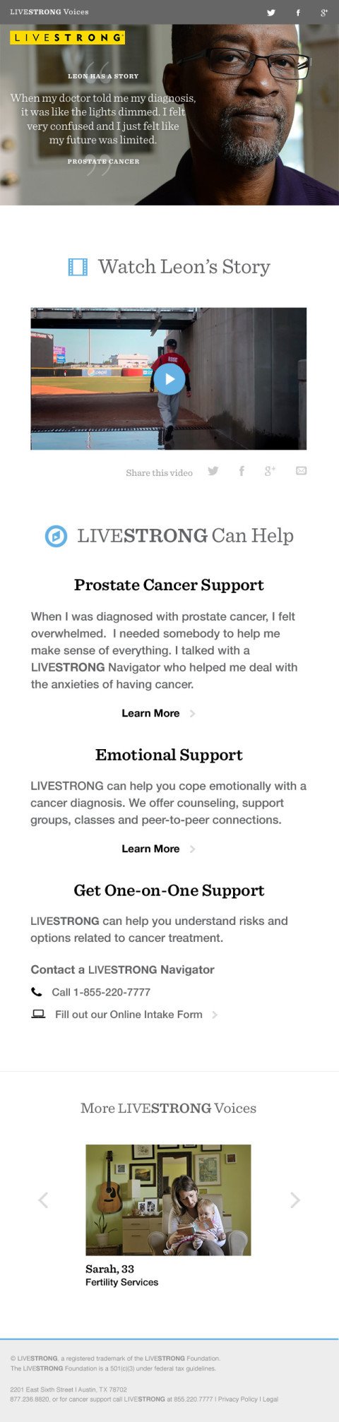 Mobile phone view of a webpage for LiveStrong stories, a feature launched in November 2013.
