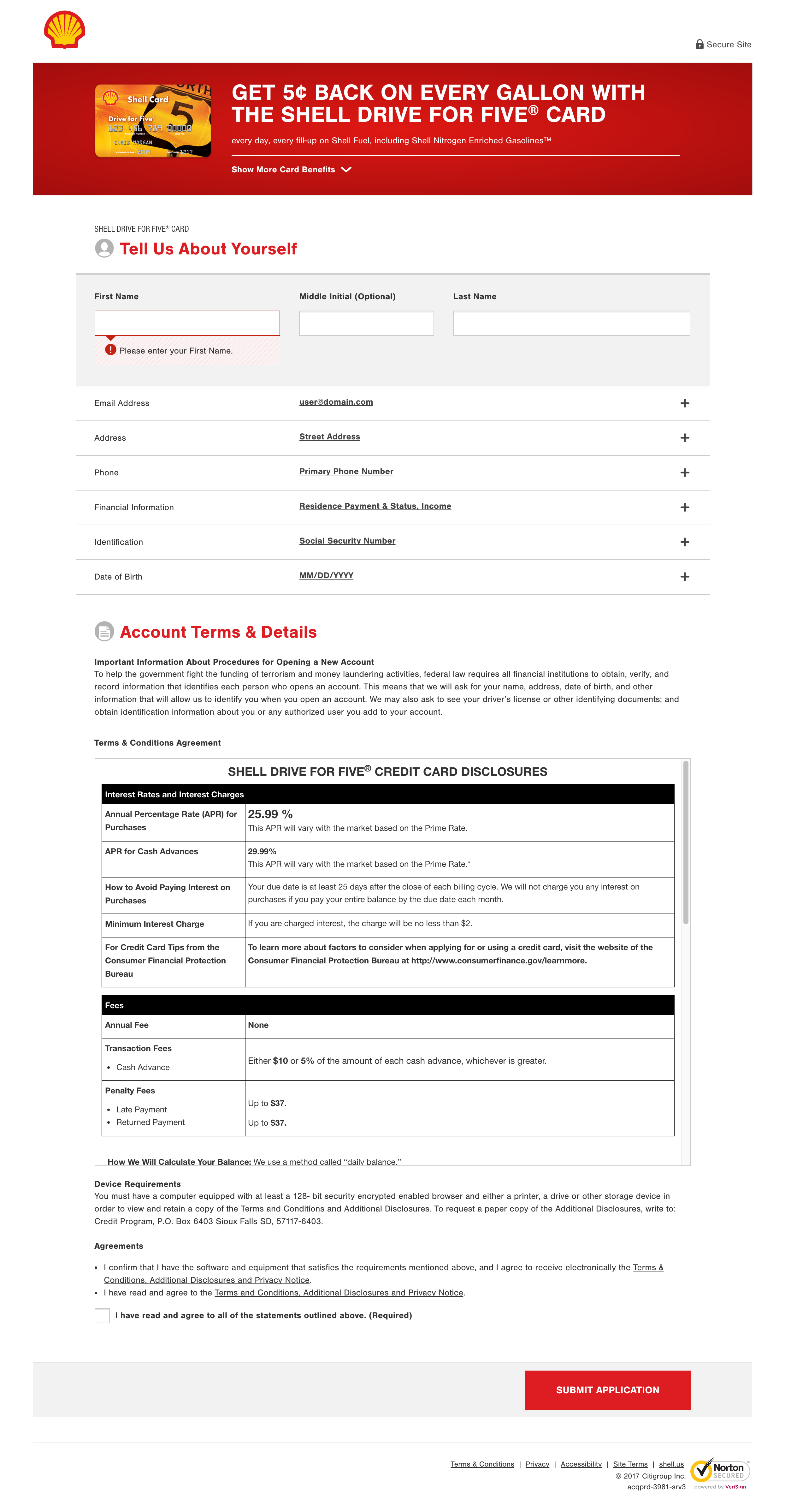 Shell credit card application