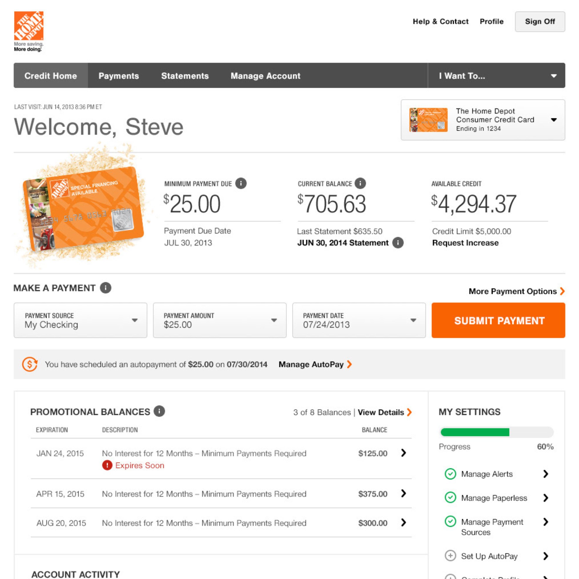 Credit card servicing landing page for The Home Depot.
