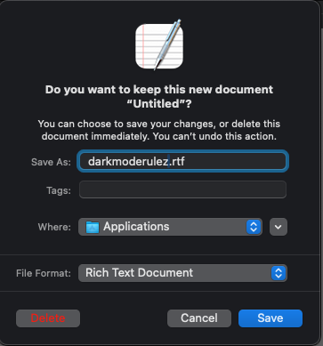 Example of a dark-mode popup from Apple TextEdit showing red text on a dark red button.
